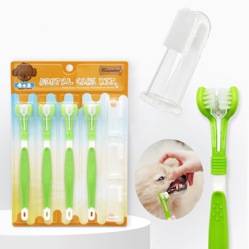 Pet dental care kit with toothbrushes and silicone finger brushes, designed for dogs and cats, displayed clearly for easy at-home oral hygiene complete package