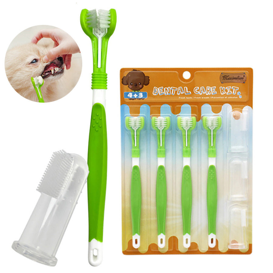 Pet dental care kit with toothbrushes and silicone finger brushes, designed for dogs and cats, displayed clearly for easy at-home oral hygiene inside.