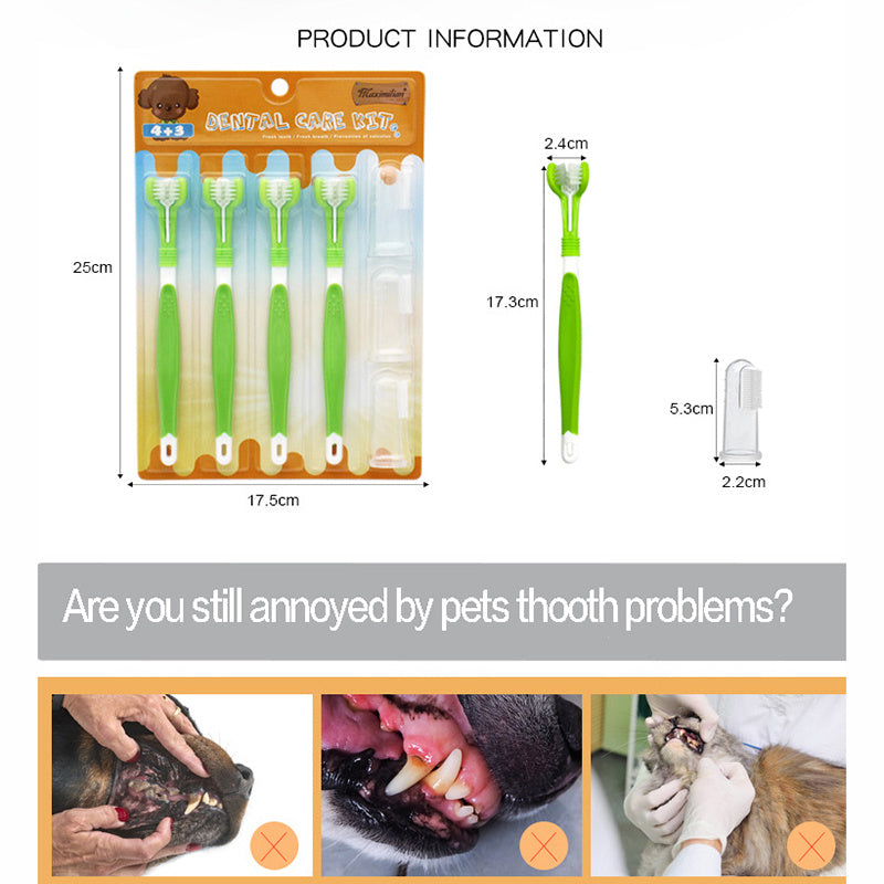 Pet dental care kit with toothbrushes and silicone finger brushes, designed for dogs and cats, displayed clearly for easy at-home oral hygiene product information.