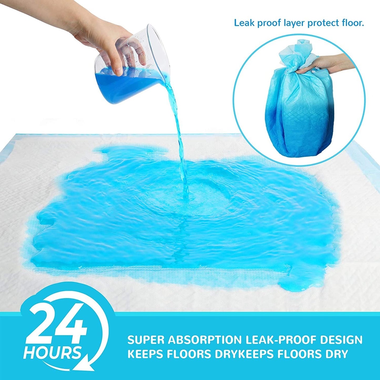 Leak-proof test showing Disposable Pet Pads lasts for 24 hours, demonstrating its durability and long-lasting protection for your pet