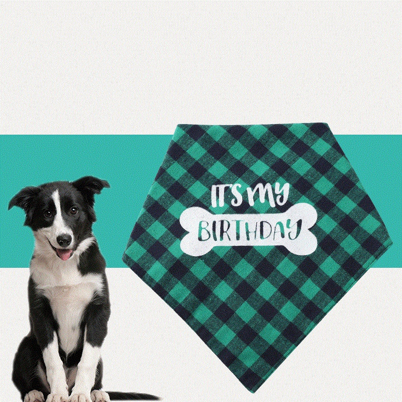 Main image of pet saliva soft triangle towel with "It is my birthday" design, perfect for cleaning and drying pets, shown with a furry friend.