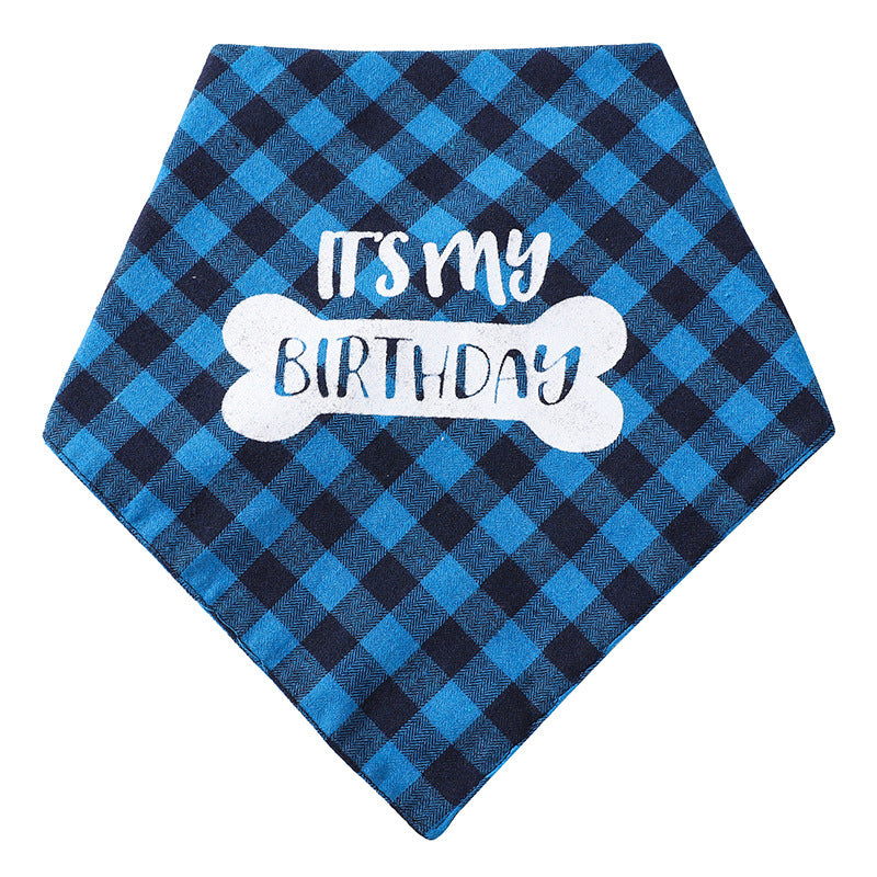 Blue pet saliva soft triangle towel with "It is my birthday" design, perfect for cleaning and drying pets, shown with a furry friend