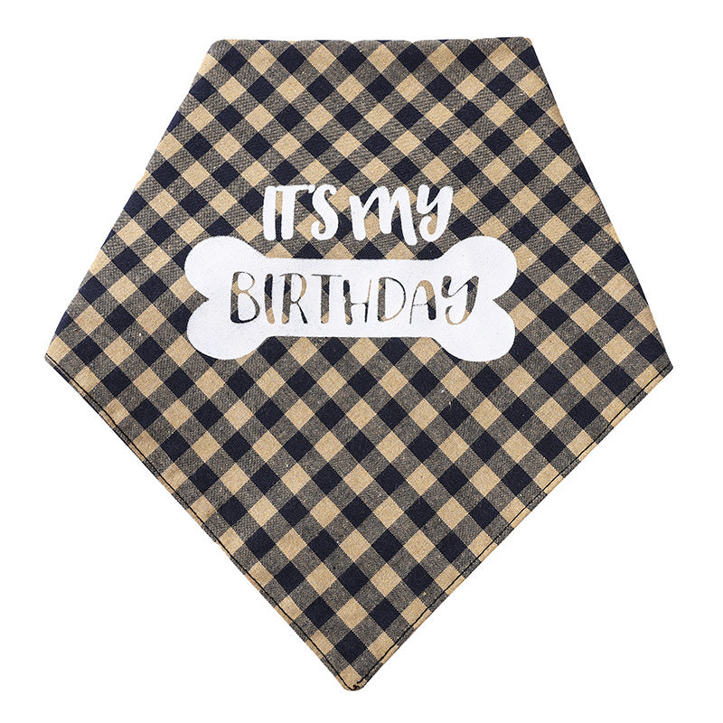Brown pet saliva soft triangle towel with "It is my birthday" design, perfect for cleaning and drying pets, shown with a furry friend.