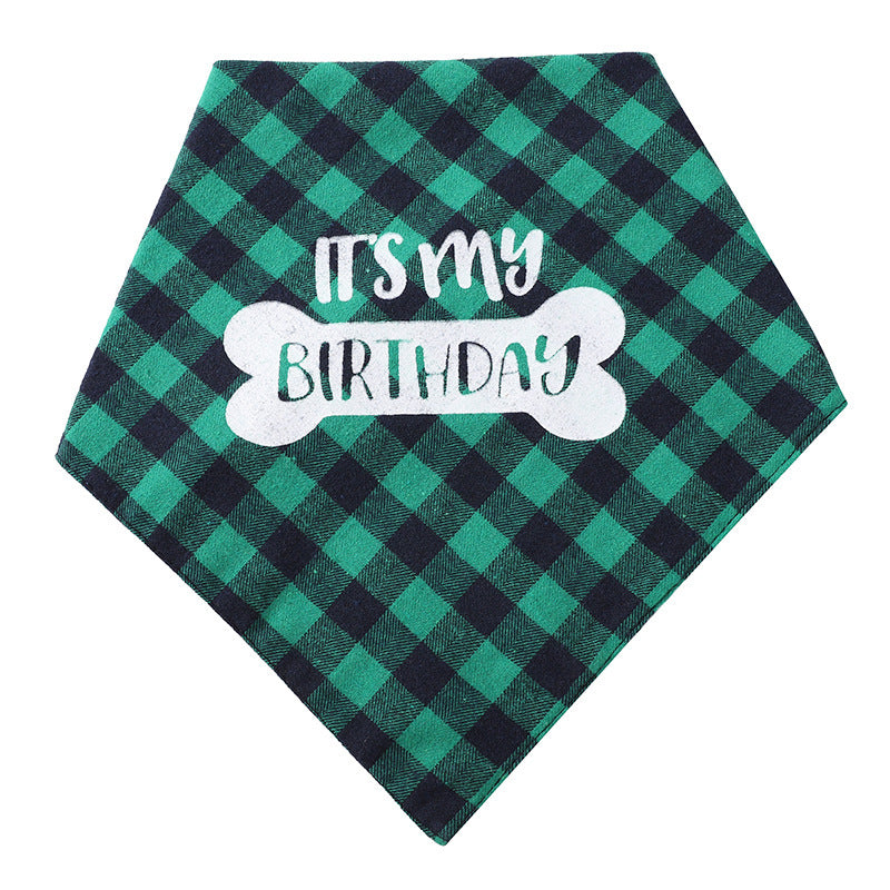 Green pet saliva soft triangle towel with "It is my birthday" design, perfect for cleaning and drying pets, shown with a furry friend