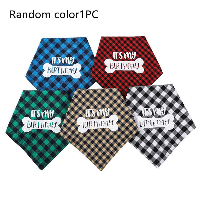 Random color pet saliva soft triangle towel with "It is my birthday" design, perfect for cleaning and drying pets, shown with a furry friend 1 pc