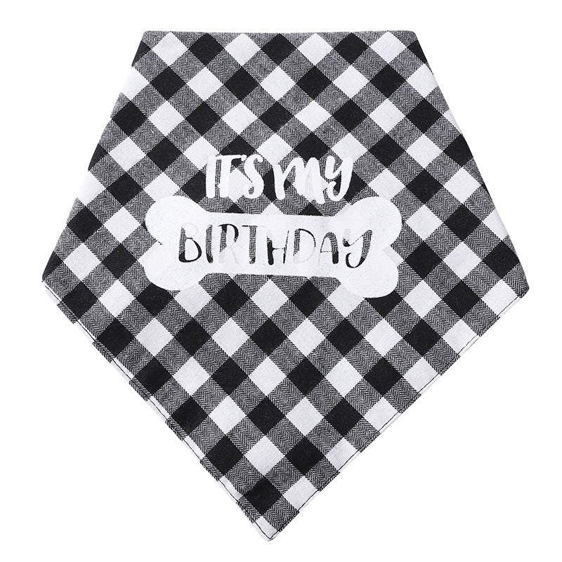 Random color grey pet saliva soft triangle towel with "It is my birthday" design, perfect for cleaning and drying pets, shown with a furry friend.