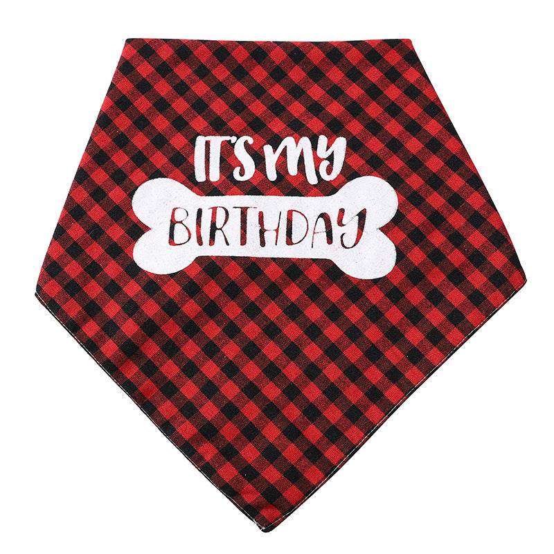 Red pet saliva soft triangle towel with "It is my birthday" design, perfect for cleaning and drying pets, shown with a furry friend.