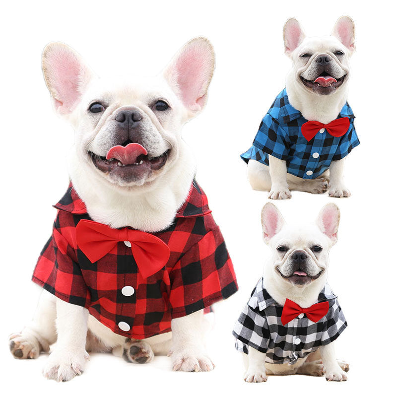 Three dogs wearing a stylish plaid dog shirt suit with a bow tie, perfect for weddings and special occasions. Comfortable and elegant pet outfit.