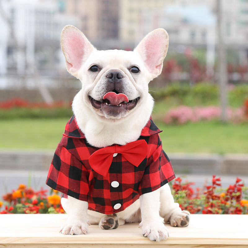 Dog wearing the red plaid dog shirt suit with a bow tie. Elegant and comfortable pet outfit, perfect for special occasions and everyday style