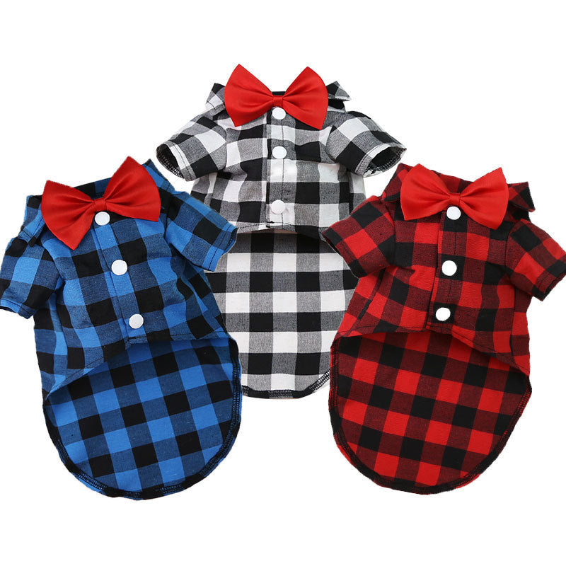 Three color variants of the plaid dog shirt suit with a bow tieβred, black, and blue. Stylish and comfortable outfit for small, medium, and large dogs.