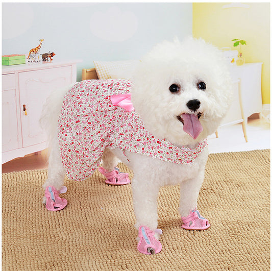 Main image - Small dog wearing a red Princess Dog Dress Floral with bowknot, perfect for special occasions. Comfortable and breathable cotton fabric
