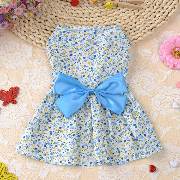 Blue Princess Dog Dress Floral with a bowknot, made of breathable cotton. Perfect for stylish and comfortable pet fashion