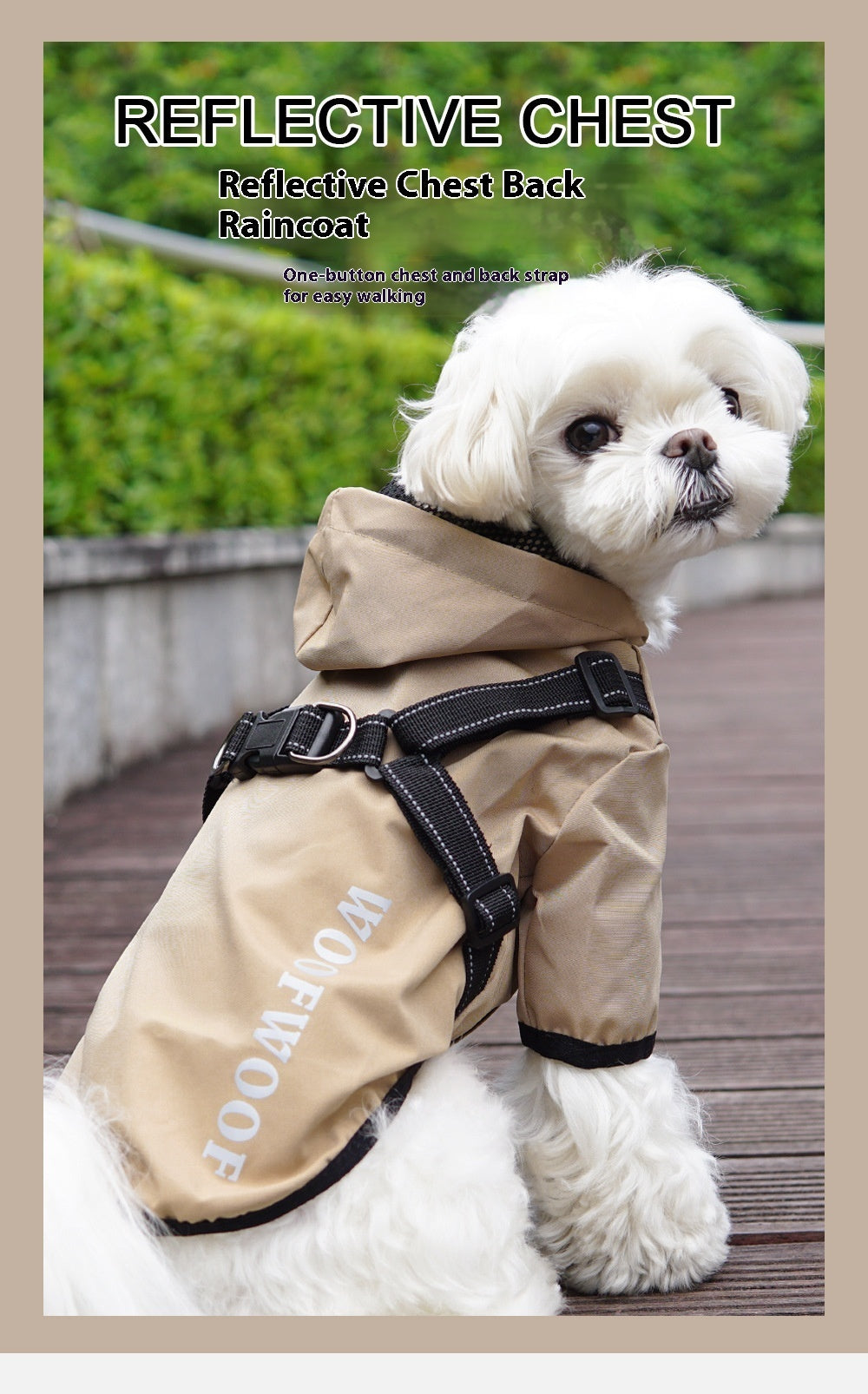 Waterproof Puppy Dog Raincoat with Reflective Chest Harness brown variant puppy in the park