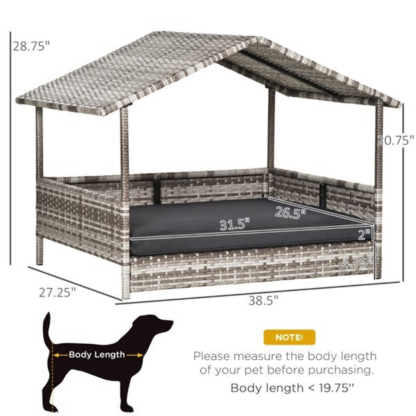 Detailed image showing the dimensions of the rattan dog bed sofa tent, including length, width, and height for perfect fit and comfort for your pet