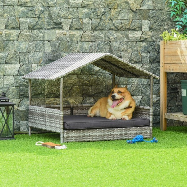 Cozy rattan dog bed sofa tent with a dog resting in a patio, providing comfort and style for your pet in outdoor settings. Perfect for small to medium-sized dogs