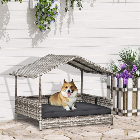Comfortable rattan dog bed sofa tent with a dog relaxing on it in a stylish terrace setting. Ideal for small to medium-sized dogs, providing ultimate comfort main image