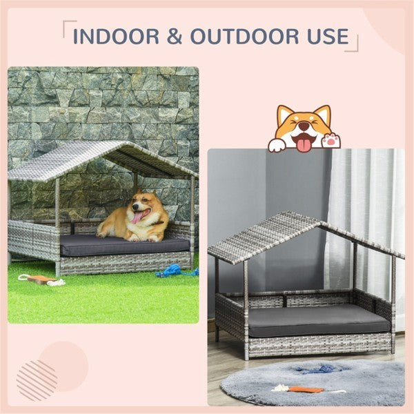 Versatile rattan dog bed sofa tent for both indoor and outdoor use, with a dog relaxing in both settings. Ideal for comfort and style in any environment.