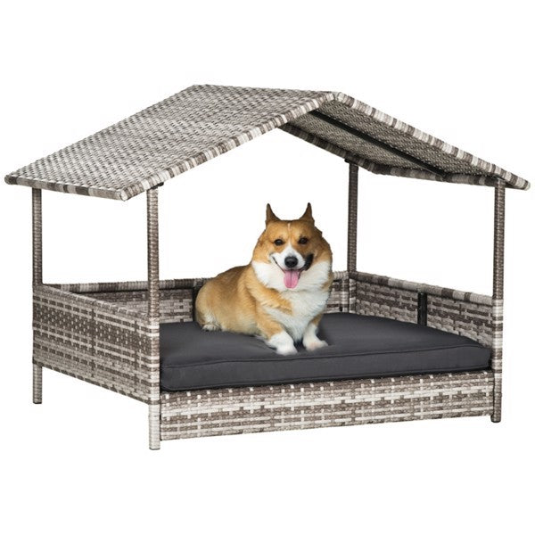 Rattan dog bed sofa tent with a dog resting on it, displayed on a white background, showcasing the product variant. Perfect for comfort and style for pets