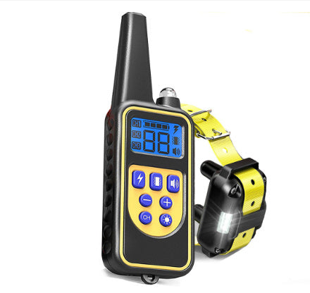Remote dog training collar with adjustable strap and handheld remote for effective behavior correction yellow