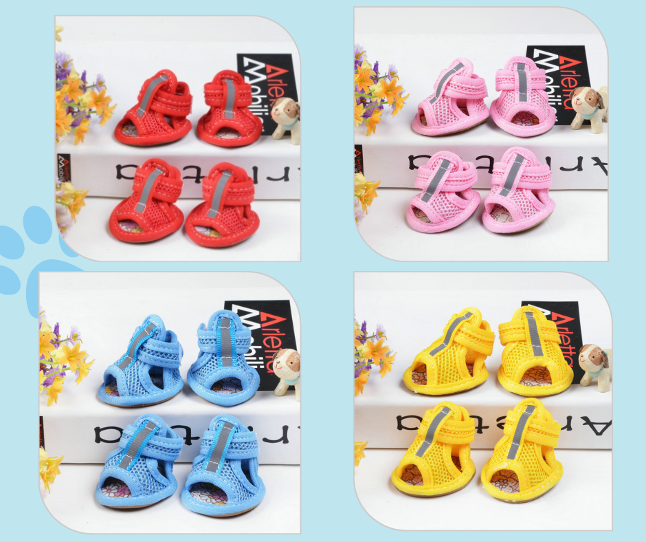 Four colorful variants of small dog shoes: red, blue, pink, and yellow, featuring a high-top design and waterproof material for paw protection.