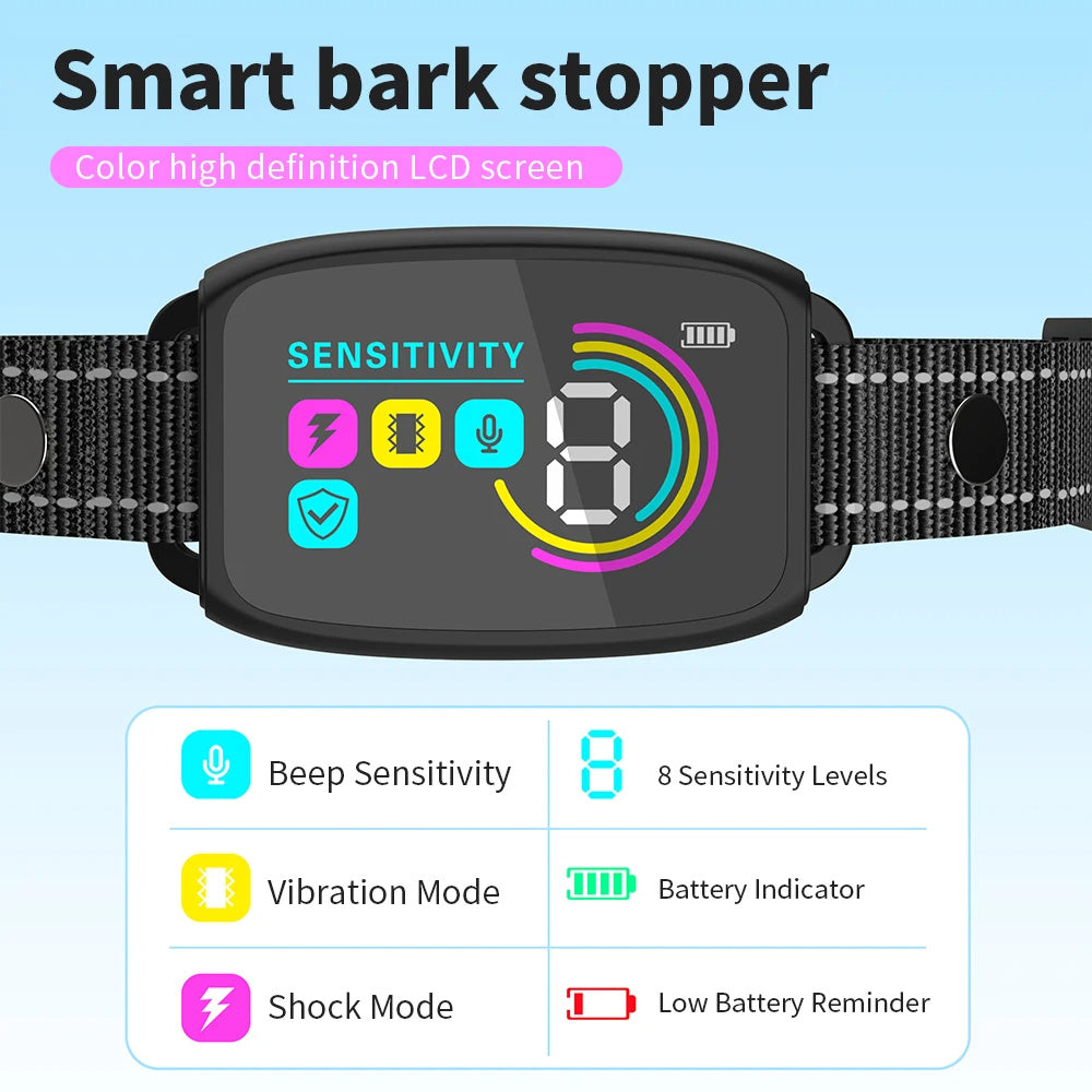 Smart Rechargeable Anti-Bark Dog Collar color high definition lcd screen