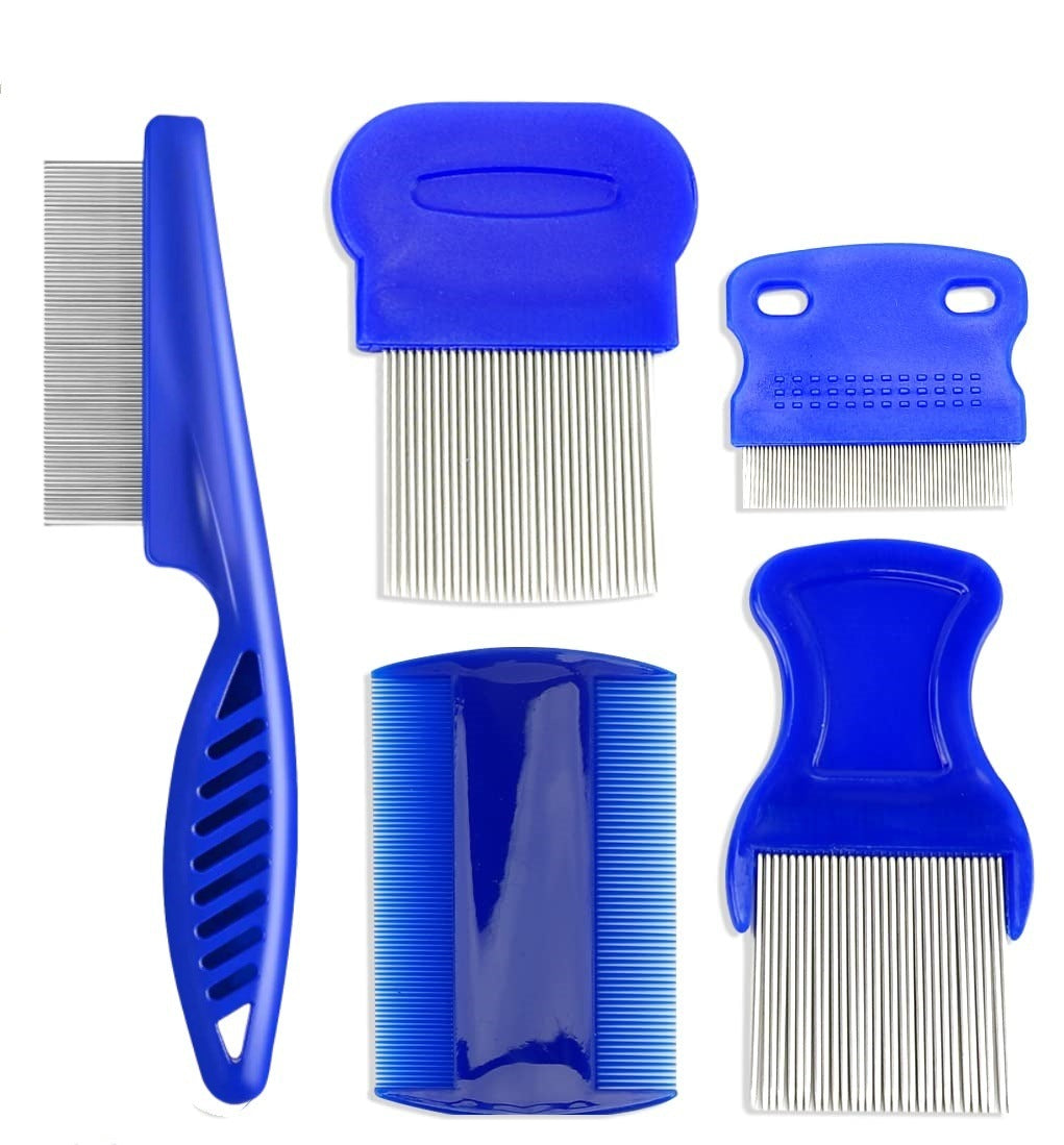 Stainless Steel Flea Comb Set dense gear blue flea comb set for cats and dogs grooming 5 pieces with large comb