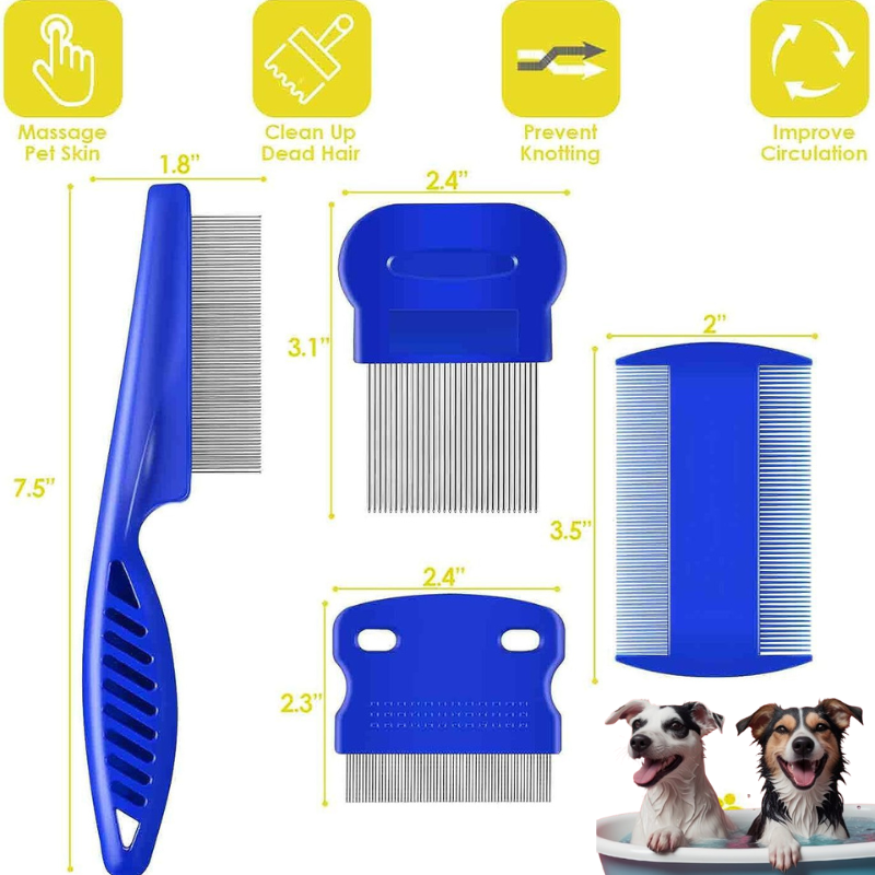 Stainless steel dense gear blue flea comb set for cats and dogs grooming set sizes