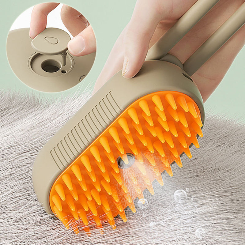 3-in-1 Pet Grooming Steam Brush in Brown, featuring an electric spray function and soft silicone bristles for gentle grooming and hair removal