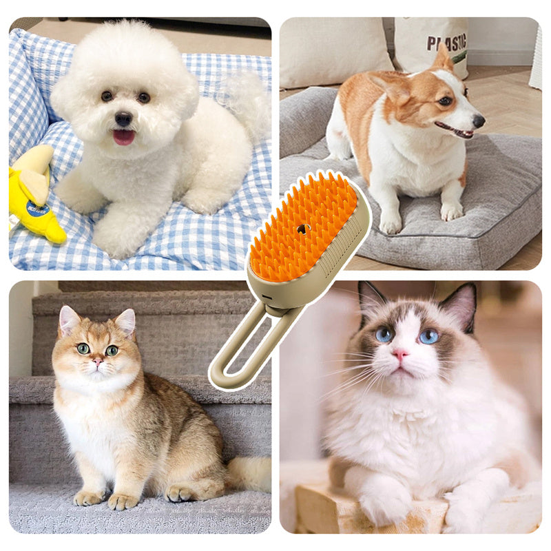 Various pets being groomed with the 3-in-1 Pet Grooming Steam Brush , showcasing its versatility for all pet types and its hair removal, cleansing, and massage functions