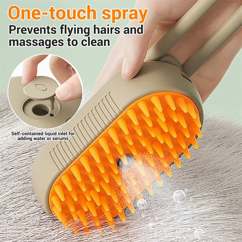 3-in-1 Pet Grooming Steam Brush with One Touch Spray function for easy grooming, reducing static and keeping pet hair soft and manageable