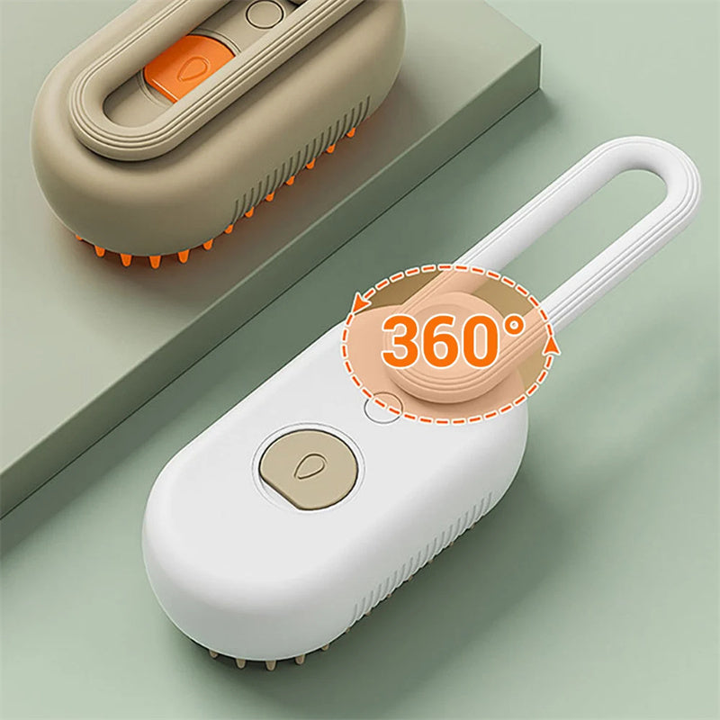 3-in-1 Pet Grooming Steam Brush in White with a 360-degree rotating handle, offering easy grooming, hair removal, and a moisturizing spray function
