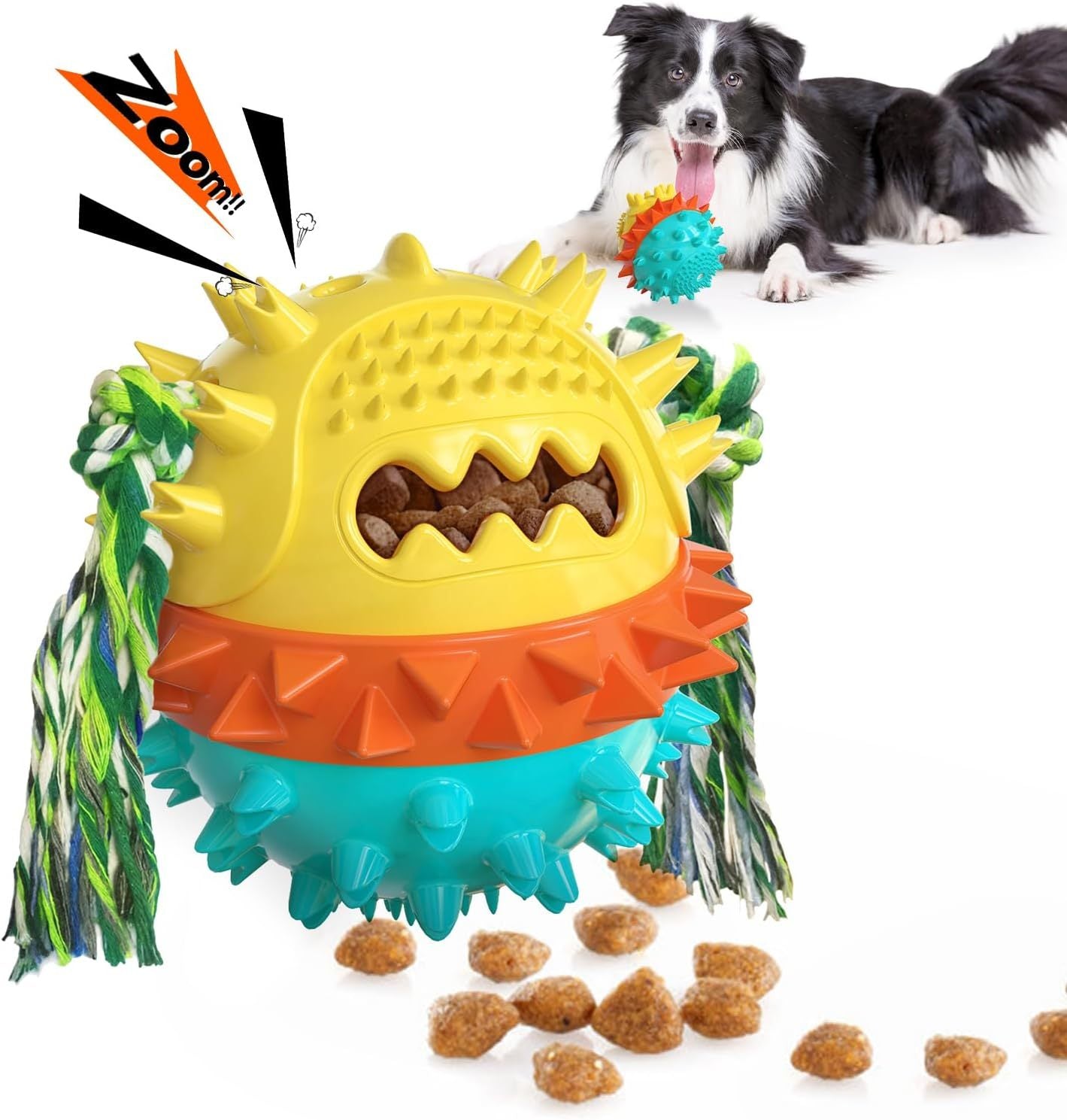Tough squeaky dog chew toy with treat dispenser for interactive play and dental care blue variant