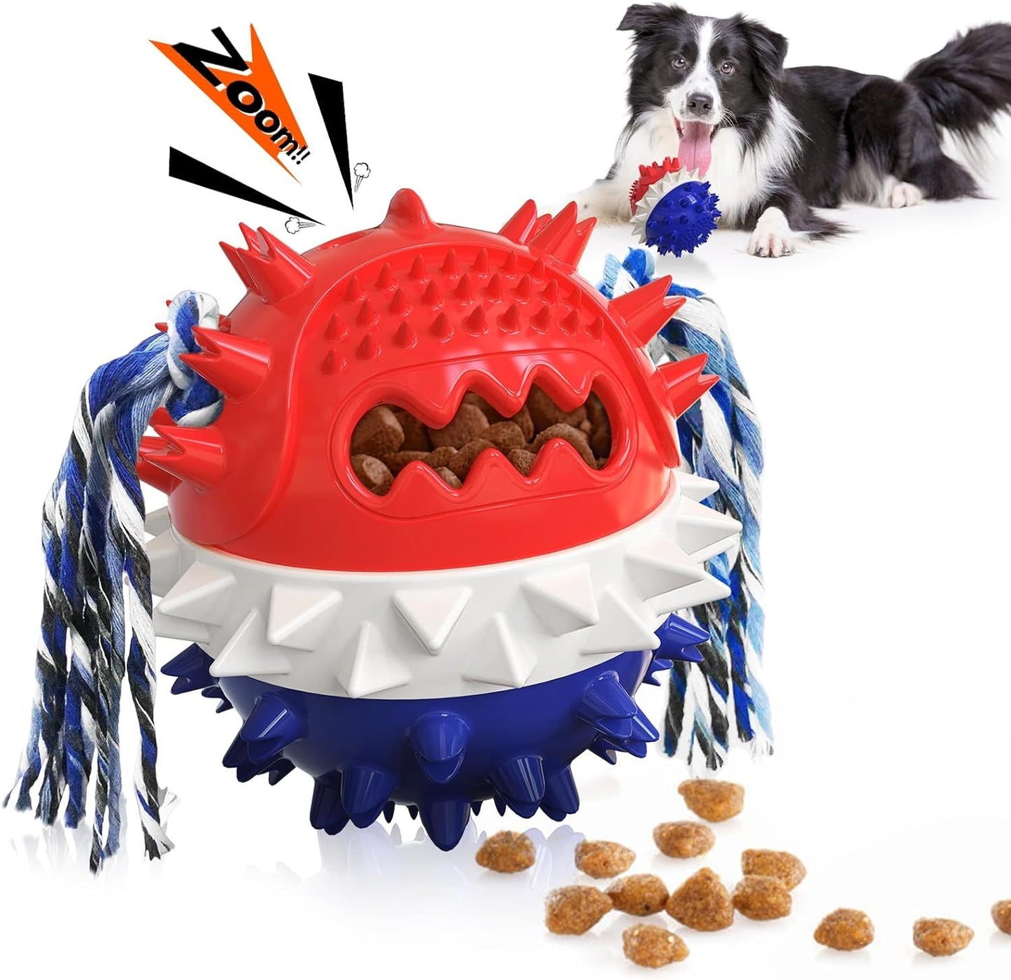 Tough squeaky dog chew toy with treat dispenser for interactive play and dental care cover image