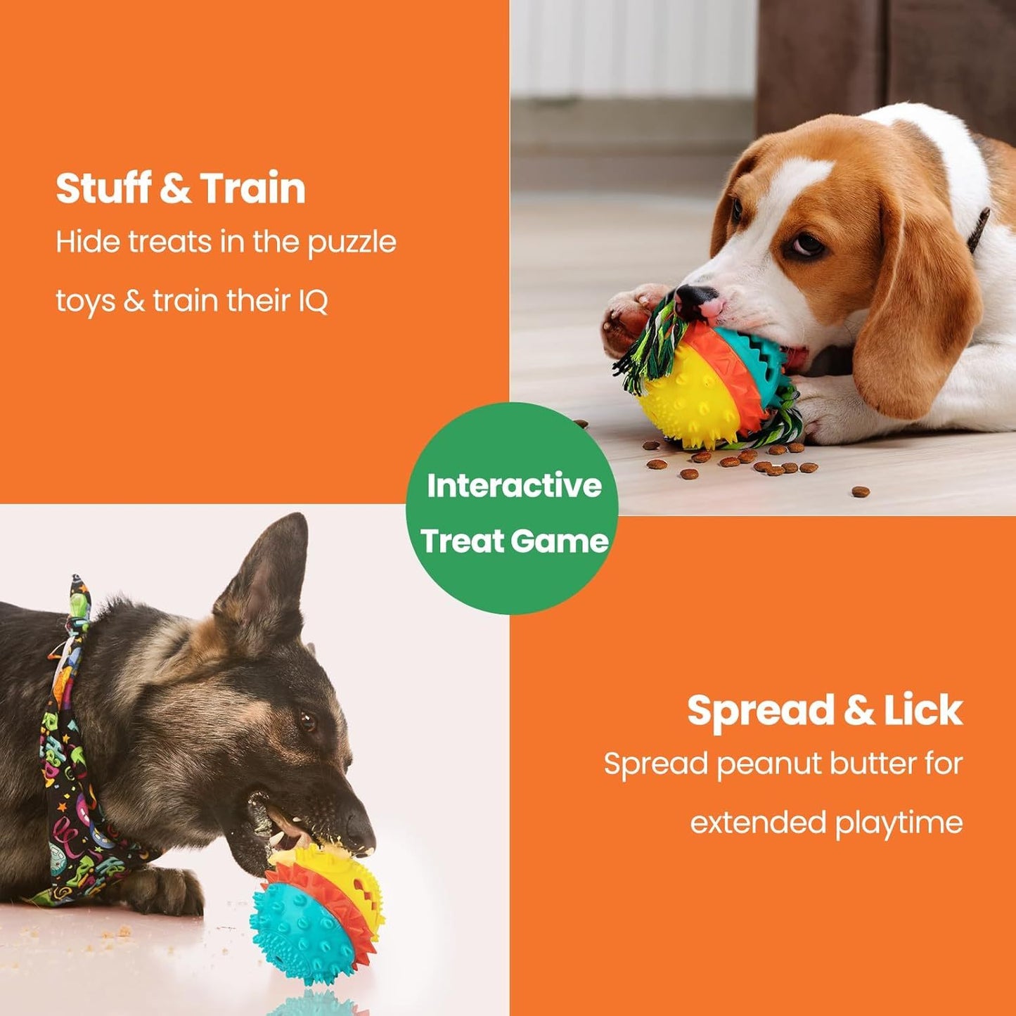 Tough squeaky dog chew toy with treat dispenser for interactive play and dental care interactive treat game