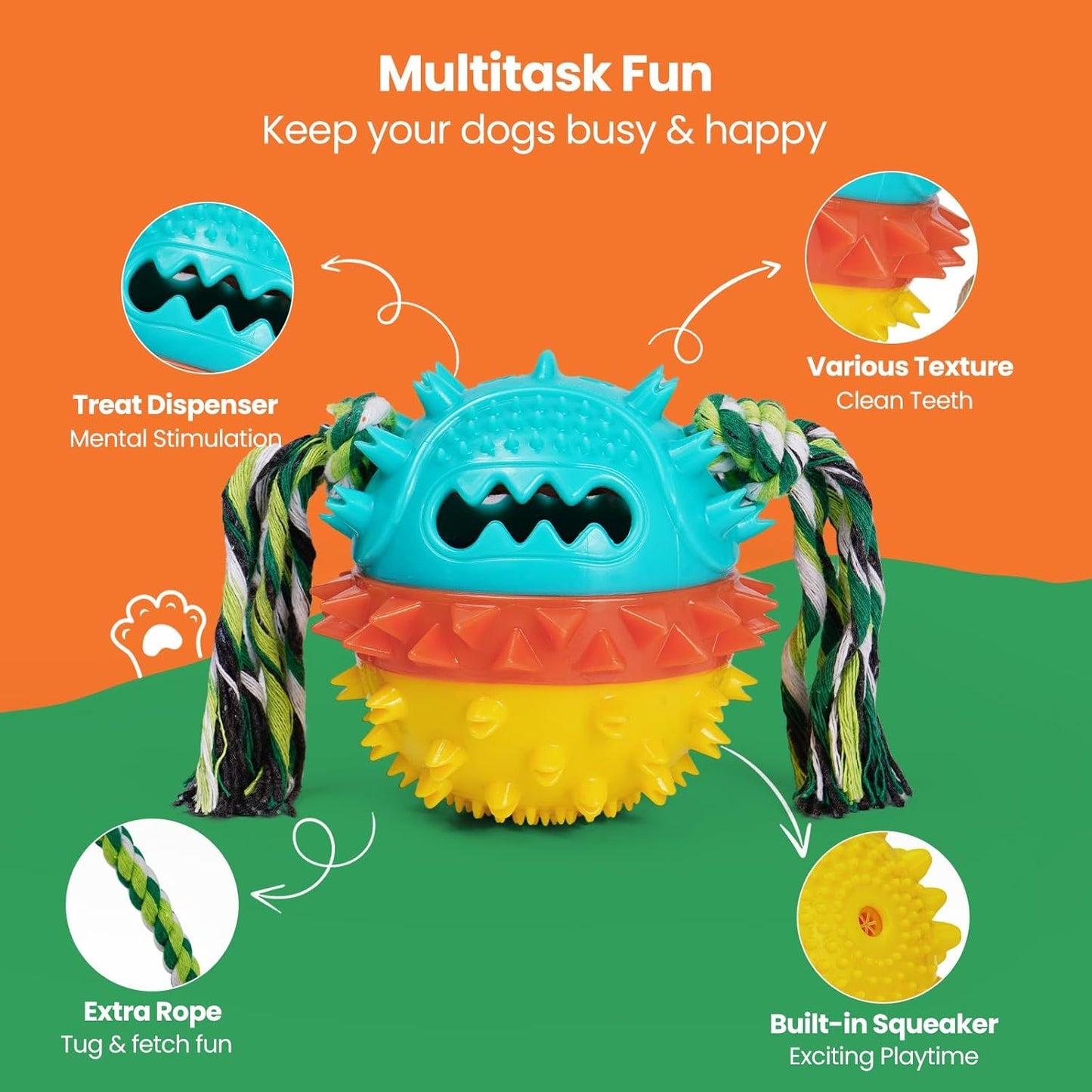 Tough squeaky dog chew toy with treat dispenser for interactive play and dental care multitask fun