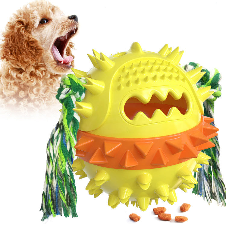 Tough squeaky dog chew toy with treat dispenser for interactive play and dental care yellow variant