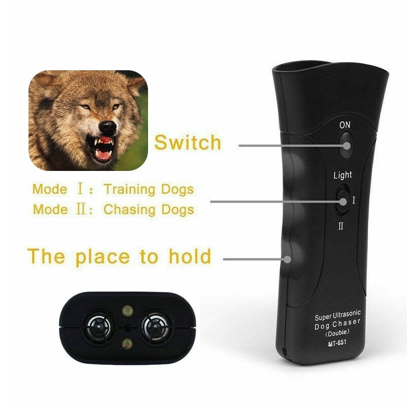 Diagram explaining the buttons of the 3-in-1 Anti-Barking Device for easy operation