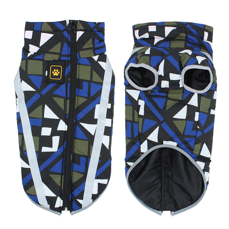 Dog wearing blue lattice variant waterproof vest with reflective strip and high collar.