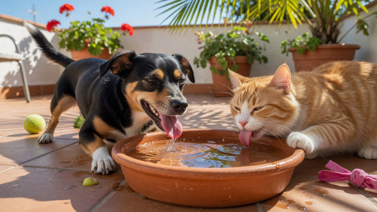 A dog and a cat drinking water together 