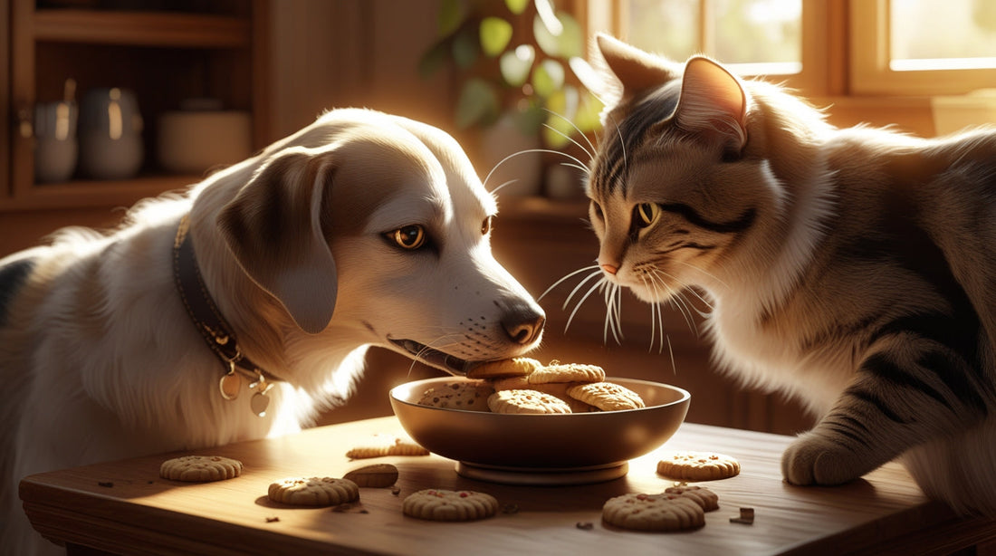 a dog and a cat eating cookies