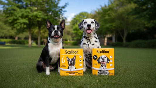 two dogs in the park with 2 scalibor dog collar box