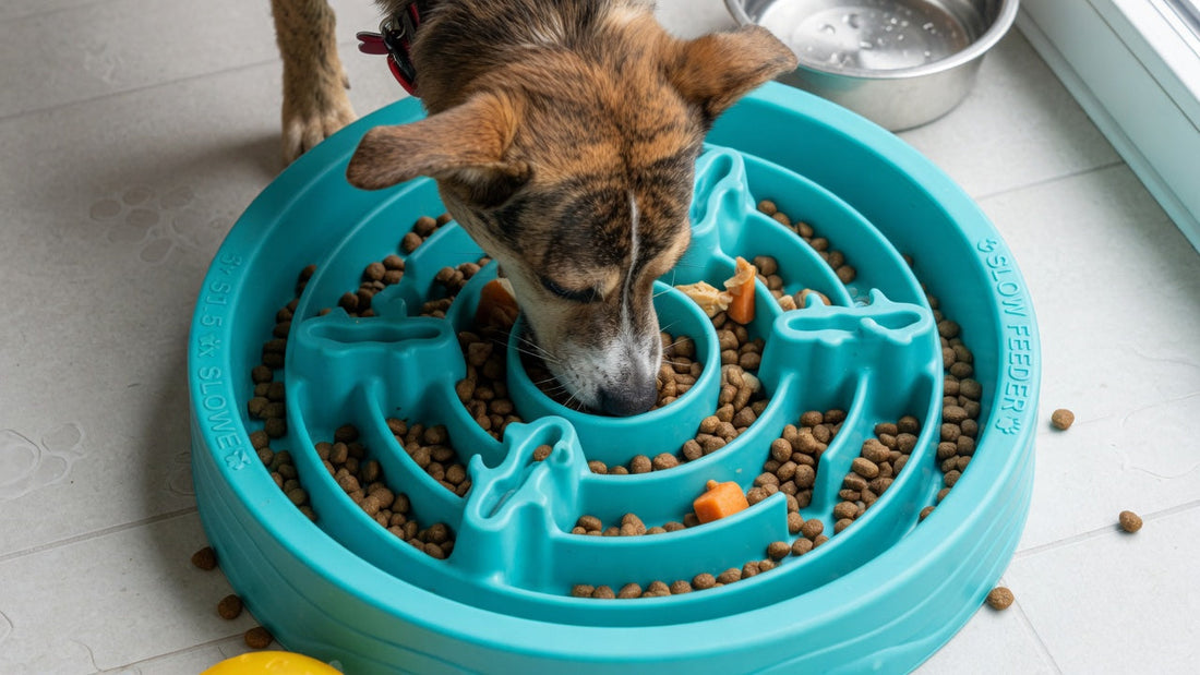 A dog eating peacefully in a slow feeder bowl