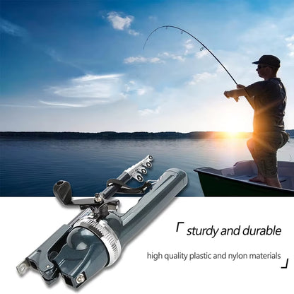 Fishing rod and reel with a silhouette of a fisherman on a boat against a sunset sky.
