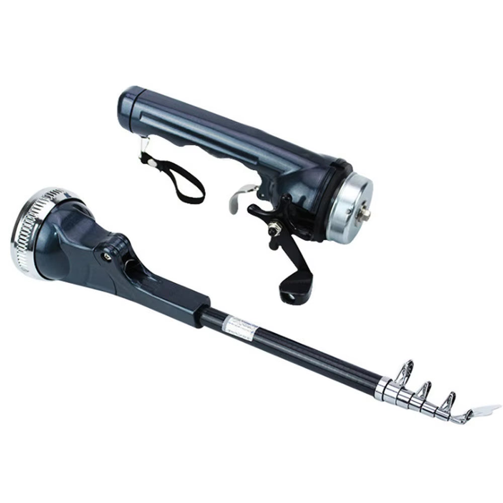 Telescopic fishing rod with reel on a white background