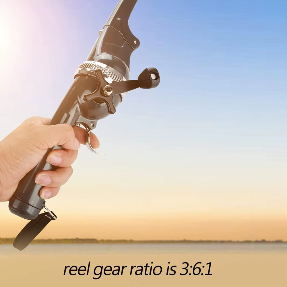 Hand holding a fishing reel with a scenic background