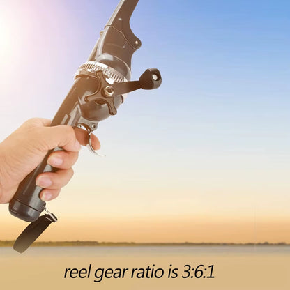 Hand holding a fishing reel with a scenic background