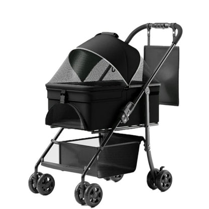 Sleek black 2-in-1 folding pet stroller with 4 wheels, sunshade, and waterproof pad, perfect for small to medium pets