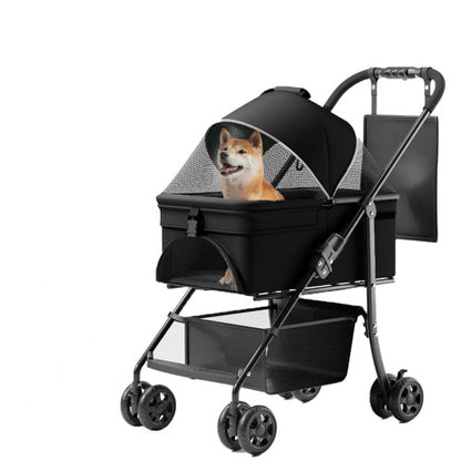 Small dog enjoying a ride in a 2-in-1 folding pet stroller with 4 wheels, sunshade, and waterproof pad