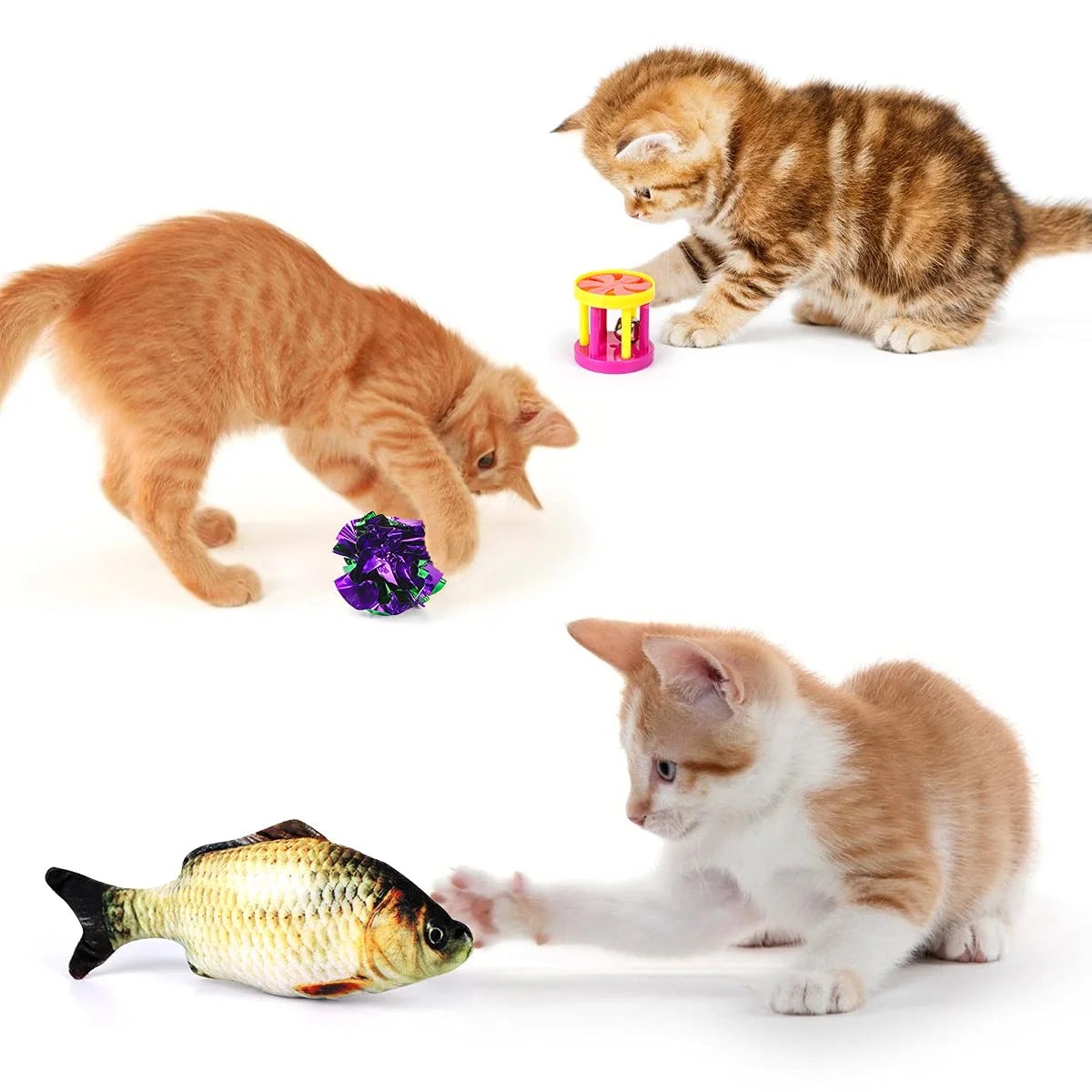 Three kittens playing with various cat toys on a white background