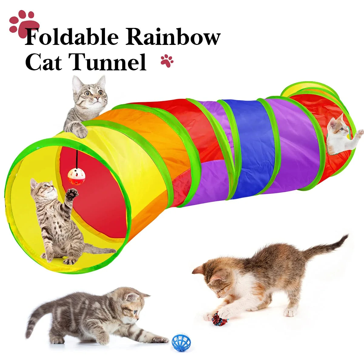 Foldable rainbow cat tunnel with cats interacting on a white background